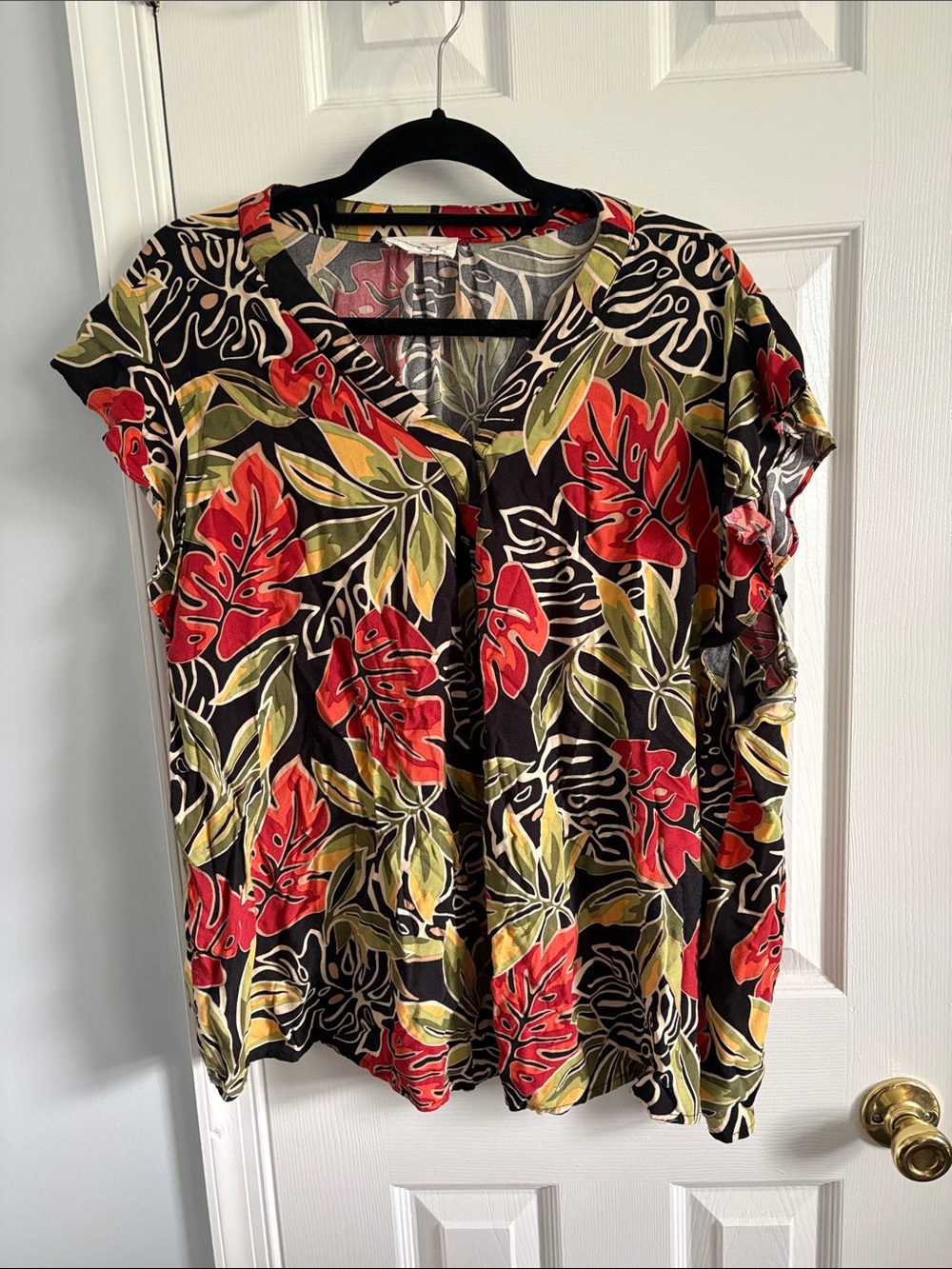Panama Jack Black Tropical V-Neck Blouse w/ Leaf Print Flutter Sleeve Size 3X